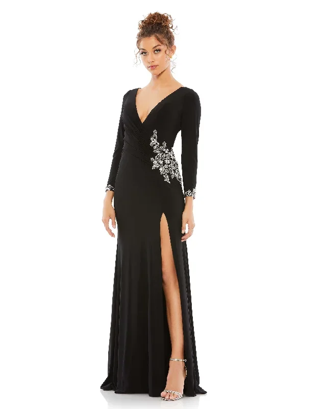 Floral Embellished Faux Wrap Jersey Gown