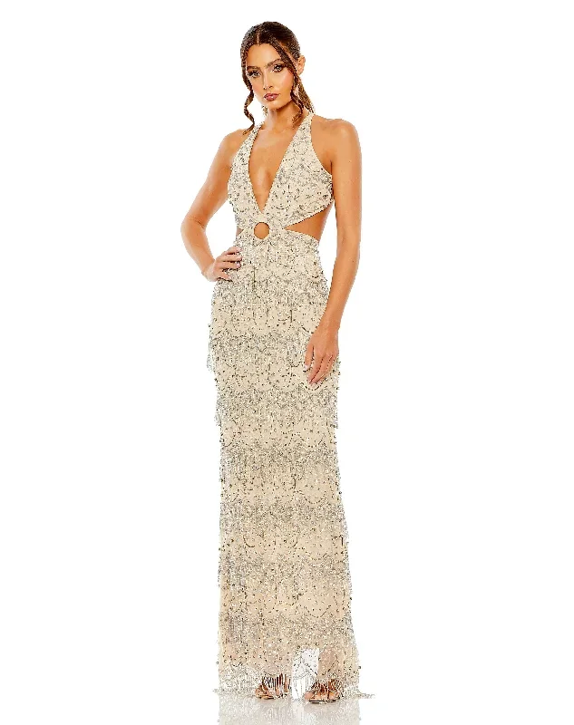 Open Back Cut Out Fringe Embellished Gown