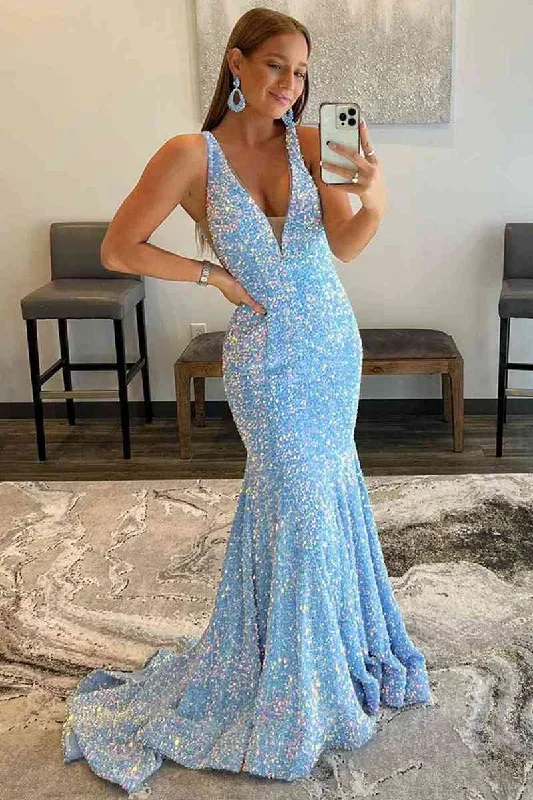 Backless Mermaid Light Blue Plunging Neck Long Prom Dress