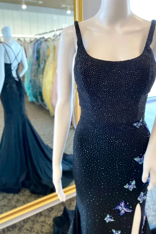 Black Beaded Lace-Up Mermaid Long Prom Dress with Appliques