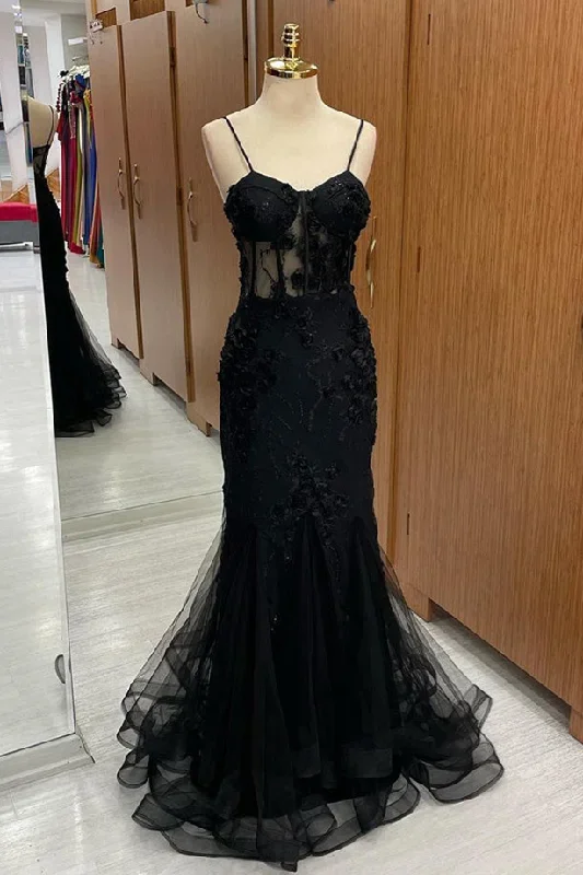 Black Sweetheart Straps Mermaid Appliques Tulle Long Prom Dress