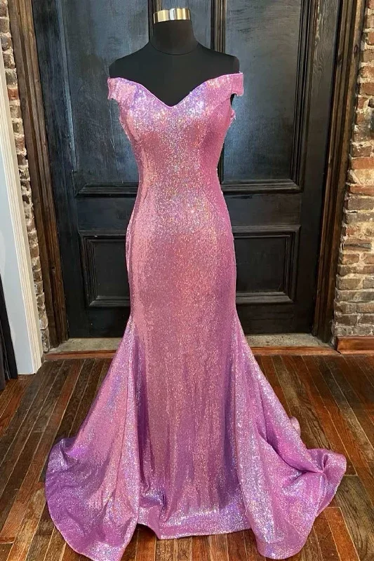 Lilac Sequin Off-the-Shoulder Backless Mermaid Long Prom Dress