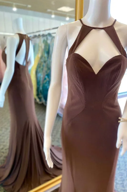 Brown Halter Cutout Mermaid Long Formal Dress