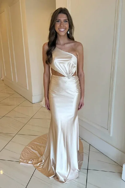 Champagne One-Shoulder Mermaid Satin Long Dress