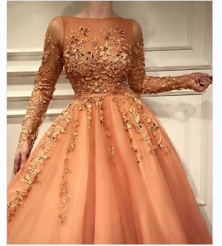 custom-orange-long-sleeve-3d-flowers-appliques-floor-length-a-line-tulle-sweep-train-formal-evening-dress