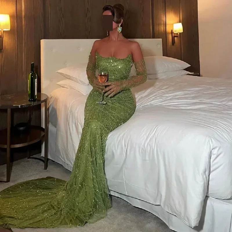 dubai-luxury-olive-green-beaded-mermaid-evening-dress-2024-sexy-strapless-with-gloves-for-women-party-gown