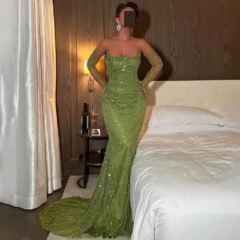 dubai-luxury-olive-green-beaded-mermaid-evening-dress-2024-sexy-strapless-with-gloves-for-women-party-gown