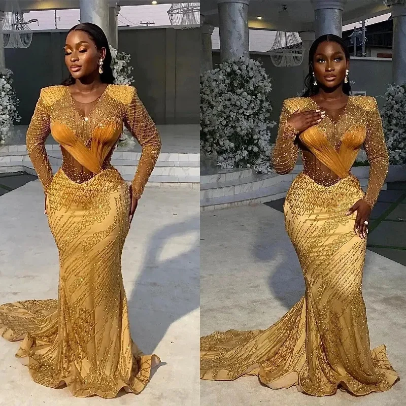 Elegant Gold Sequins Mermaid Prom Dresses 2024 Jewel Long Sleeves Beaded Applicant Ruffle Plus SIze Zipper Chapel Eevning Gown