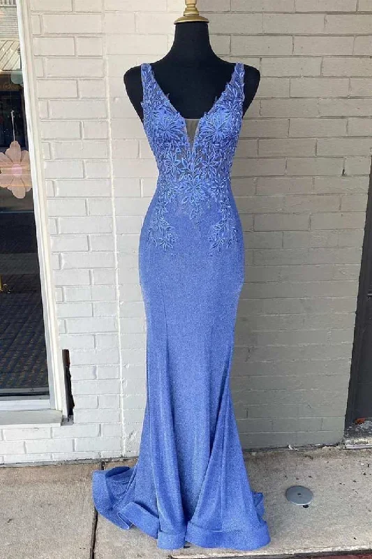 Elegant Periwinkle Plunge V Mermaid Long Formal Gown