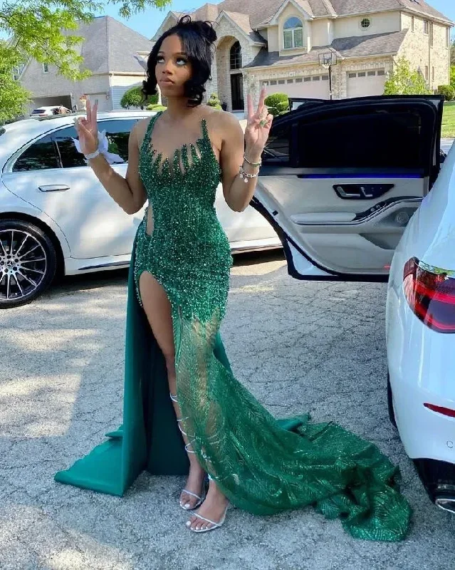 Emerald Green Mermaid Black Girl Prom Dress Sparkly Diamond Crystal Slit Birthday Party Gown vestidosa de boda invitada