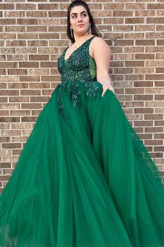 Emerald Green Tulle Appliques Backless A-Line Long Prom Dress