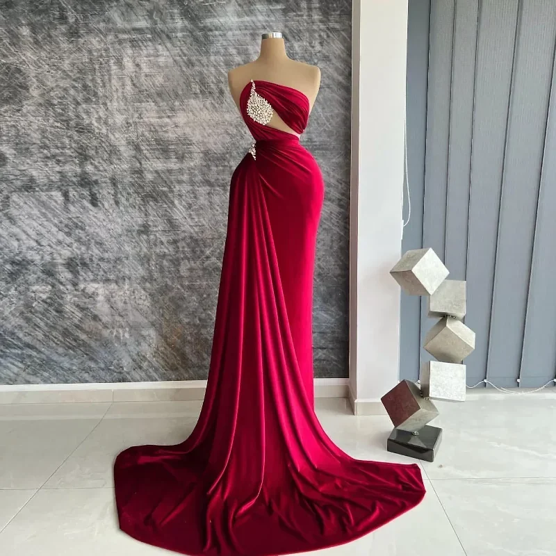 Formal Dark Red Mermaid Prom Dresses For Women Satin Crystal Strapless Sleevelss Pleat Sexy Evening Party Gowns Robe De Mariage