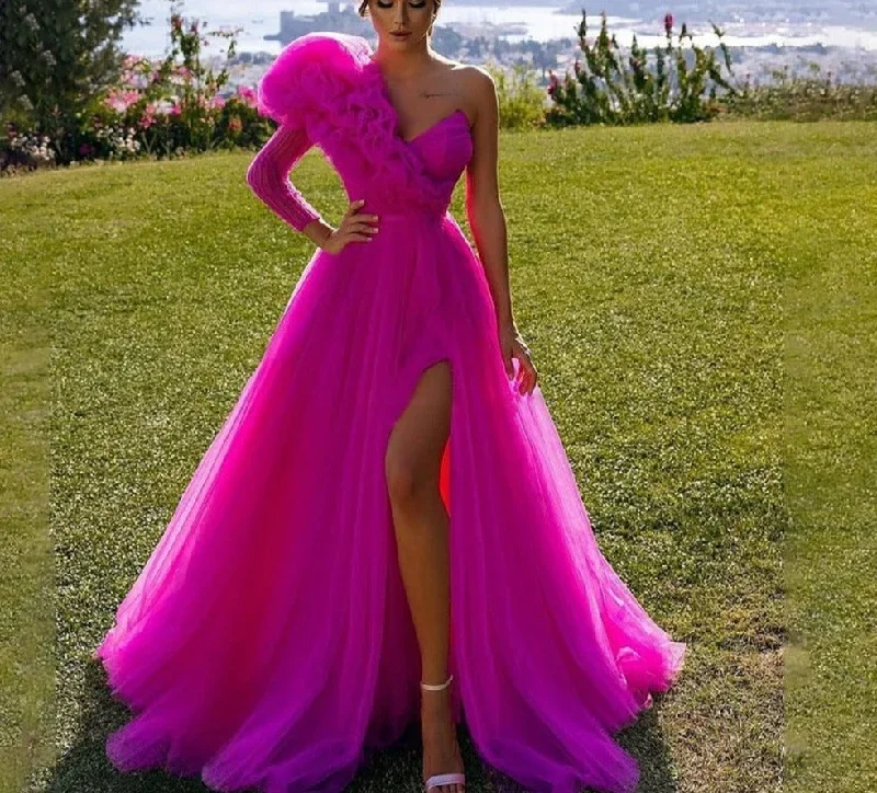 Getadme Evening Dress Vestidos De Fiesta One Sleeve Puff robes de soirée Leg Slit prom dresses A Line Party Dress abendkleider