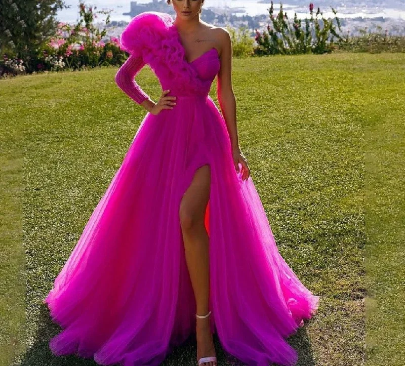 fuchsia-evening-dress-vestidos-de-fiesta-one-sleeve-puff-robes-de-soiree-leg-slit-prom-dresses-a-line-party-dress-abendkleider