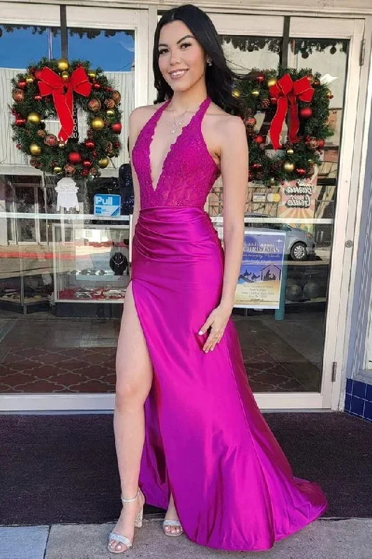 fuchsia-lace-applique-satin-high-slit-mermaid-dress