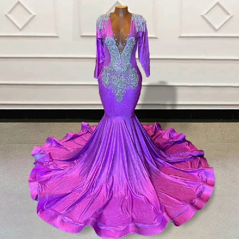 Glitter Beaded Purple Mermaid Long Prom Dresses 2024 for Graduation Party Full Sleeves Backless Women Custom Formal Evening Gown