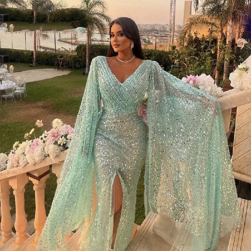 Glitter Sequins Prom Dress With Shawl Mermaid Party Dresses Sexy High Split Trumpet Prom Dresses 2024 Luxury Gowns فساتين السهرة