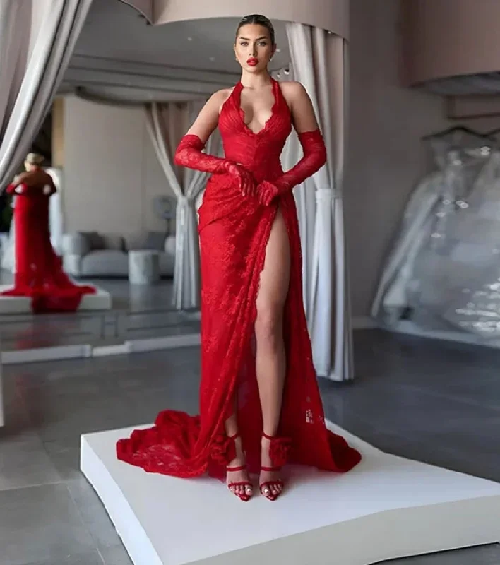 Gorgeous Red Mermaid Evening Gowns 2024 Women's Halter Party Prom Dress High Split Lace Saudi Arabia Special Occasion Gowns