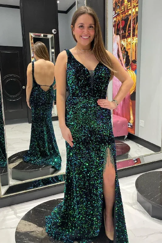 Green Iridescent Sequin Plunge V Backless Mermaid Long Prom Dress with Tassel