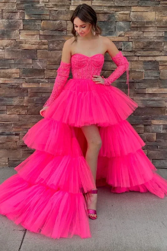 Hot Pink Lace Corset Tiered High-Low Prom Gown