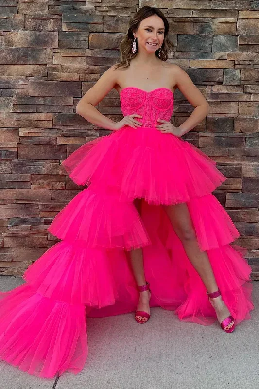 hot-pink-lace-corset-tiered-high-low-prom-gown