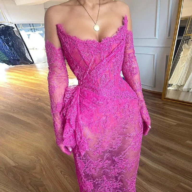 Hot Pink Prom Dresses 2024 V-Neck Sleeveless Lace Evening Gowns Sleeveless High Quality Illusion Sexy Mermaid Formal Party Dress