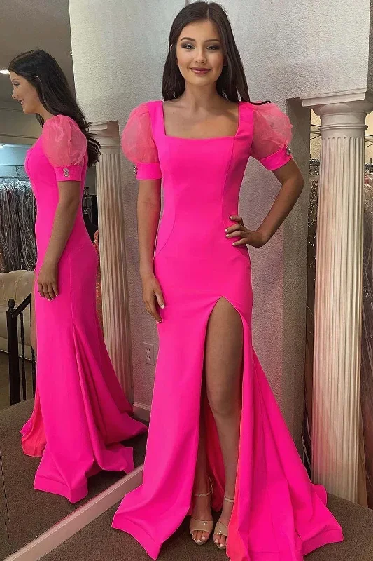 Hot Pink Square Neck Mermaid Long Prom Dress with Short Sleeves