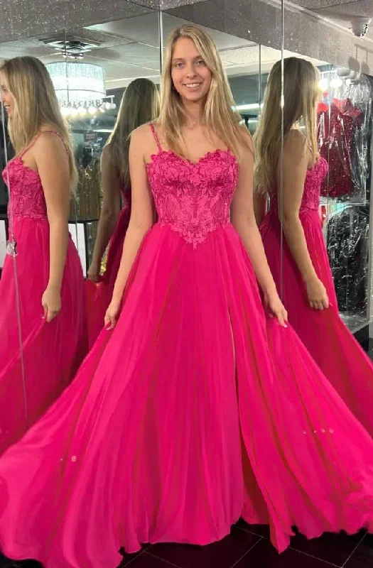 Hot Pink Sweetheart A-Line Prom Long Dress with Spaghetti Straps