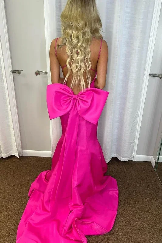 hot-pink-v-neck-satin-mermaid-formal-dress-with-bow