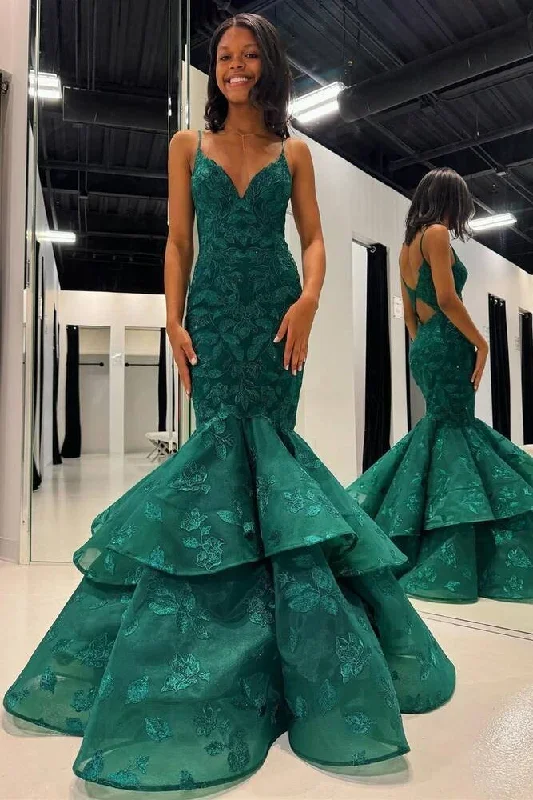 hunter-green-v-neck-lace-applique-layered-mermaid-dress