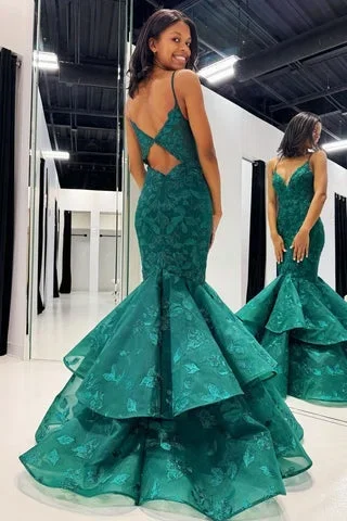 hunter-green-v-neck-lace-applique-layered-mermaid-dress