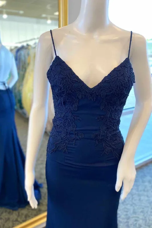 Lace Top Navy Blue V-Neck Mermaid Long Prom Dress