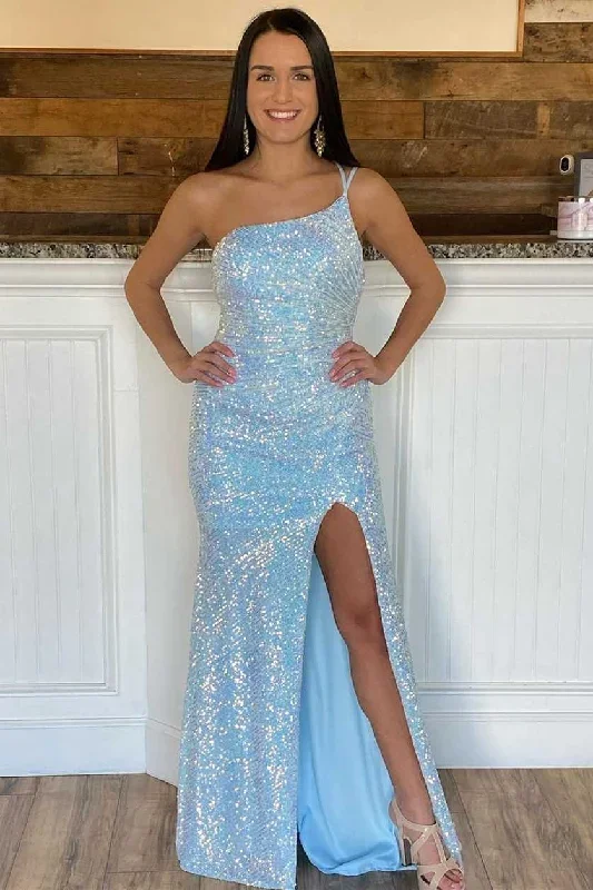 Light Blue Sequin One-Shoulder Mermaid Prom Dress