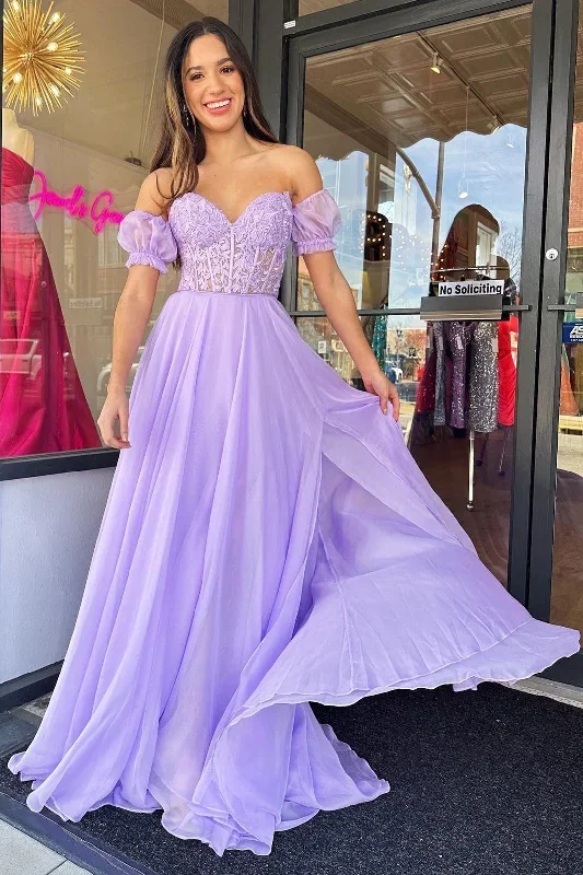 Lilac Chiffon Applique Sweetheart A-Line Prom Dress with Puff Sleeves