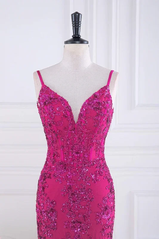 magenta-straps-v-neck-sequin-appliques-mermaid-prom-dress