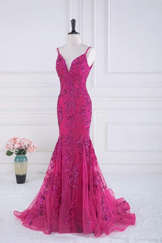 magenta-straps-v-neck-sequin-appliques-mermaid-prom-dress