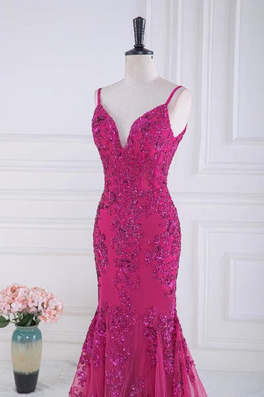 magenta-straps-v-neck-sequin-appliques-mermaid-prom-dress