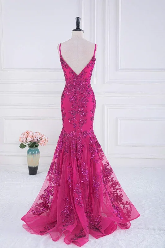 magenta-straps-v-neck-sequin-appliques-mermaid-prom-dress