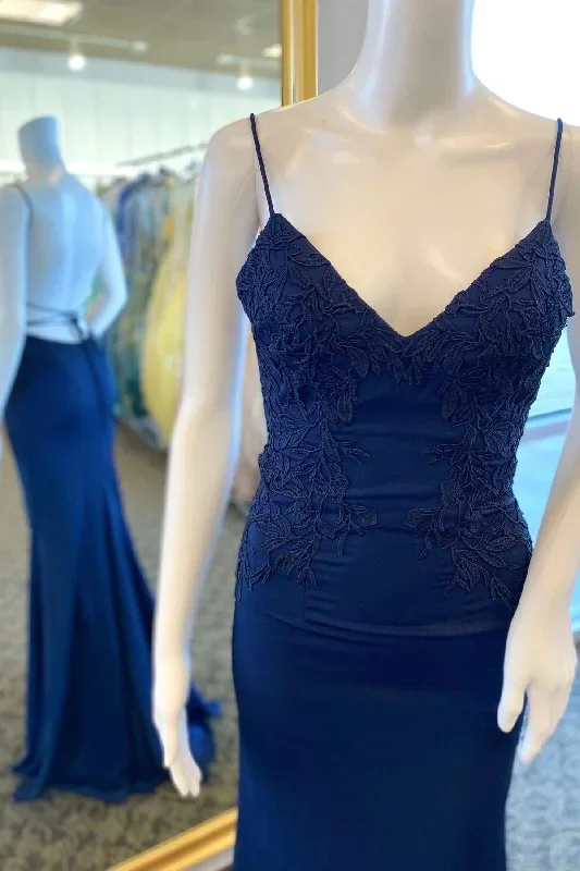 Navy Blue Floral Lace Backless Mermaid Long Prom Dress