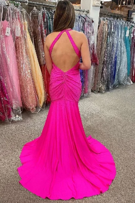 neon-pink-beaded-halter-backless-mermaid-long-prom-gown