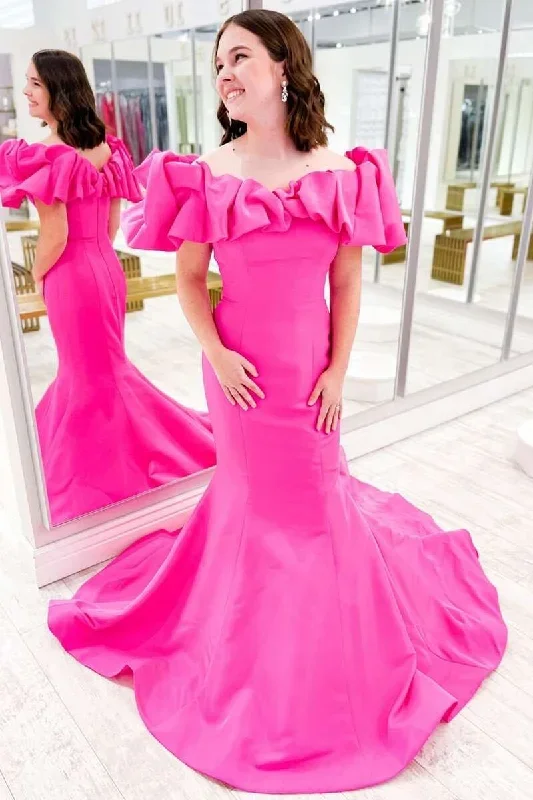 Neon Pink Off-the-Shoulder Mermaid Ruffled Prom Dress