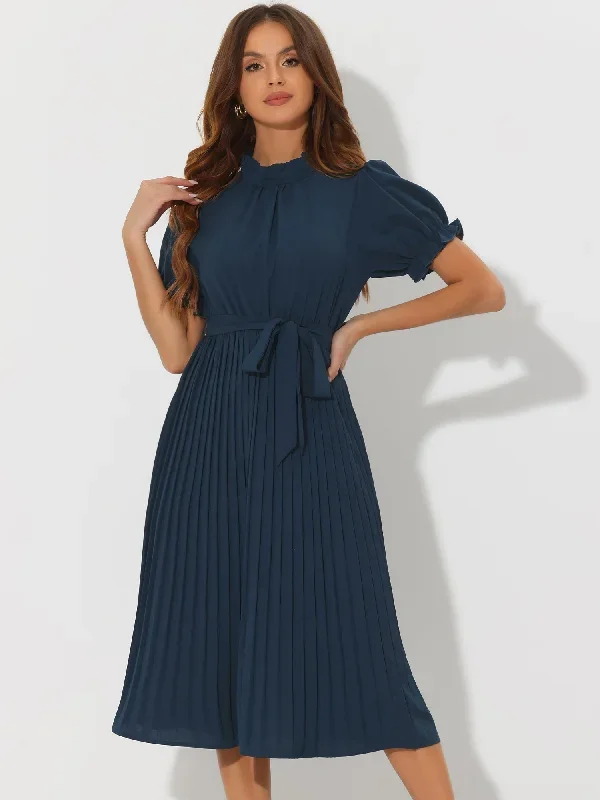 Women's Retro Ruffled Collar Short Sleeve A-Line Pleated Dress