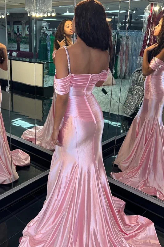 pink-mermaid-off-the-shoulder-beaded-pleated-long-prom-dress