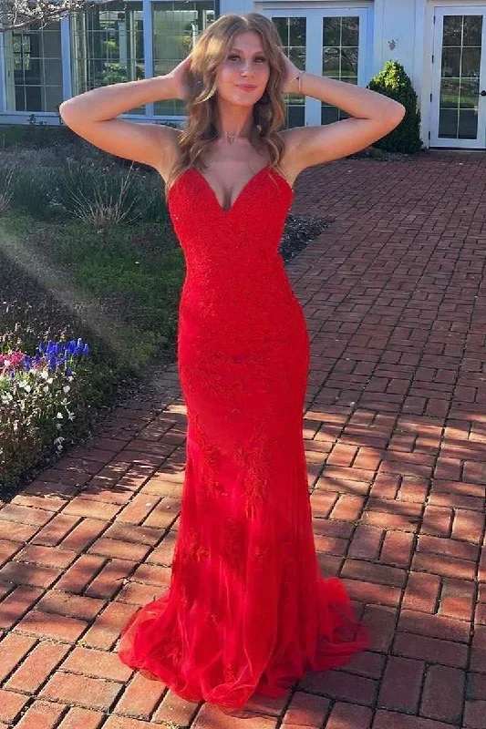 Red Applique V-Neck Lace-Up Mermaid Long Prom Dress with Slit