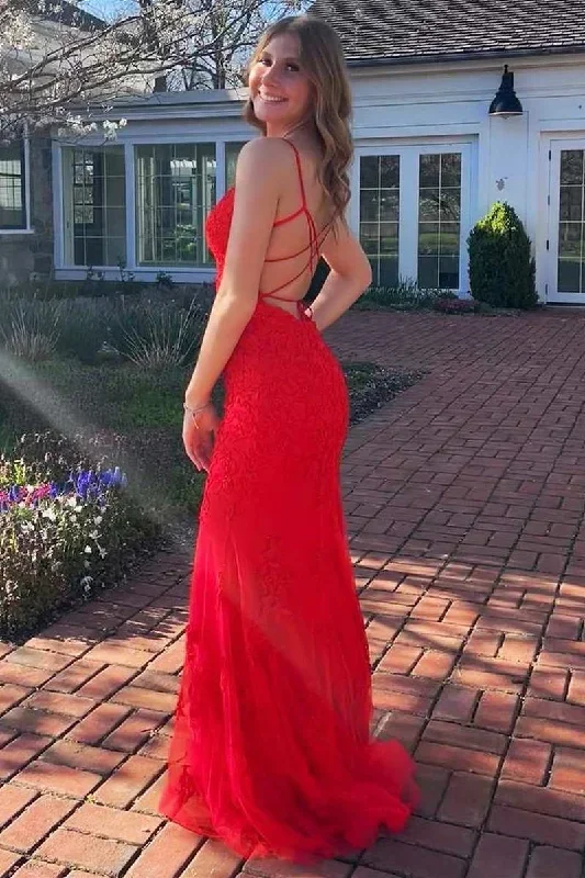 red-applique-v-neck-lace-up-mermaid-long-prom-dress-with-slit