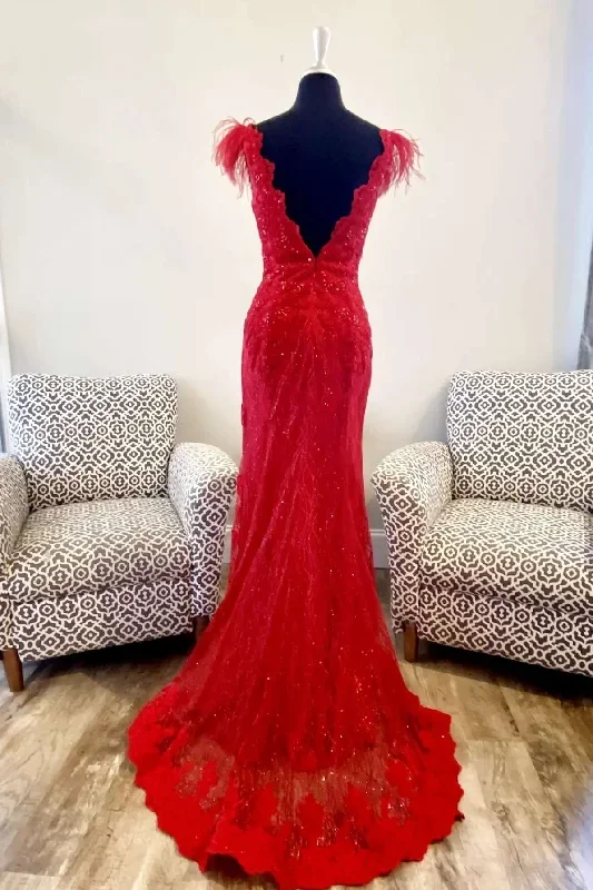 red-feather-plunge-v-mermaid-long-formal-dress-with-slit