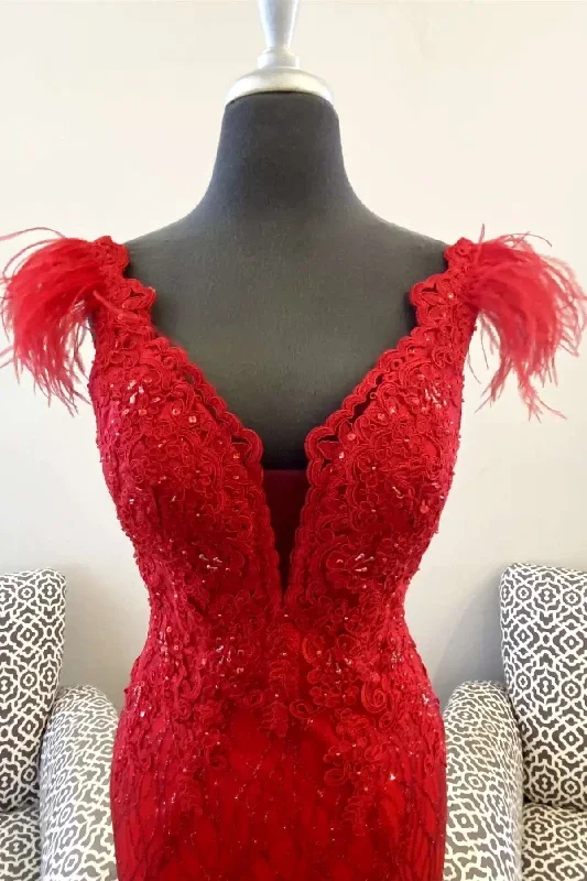 red-feather-plunge-v-mermaid-long-formal-dress-with-slit