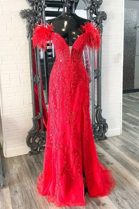 Red Floral Lace Feather Off-the-Shoulder Mermaid Long Prom Dress