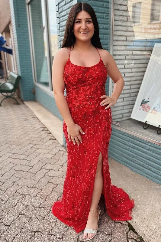 Red Floral Lace Scoop Neck Mermaid Long Prom Dress with Slit