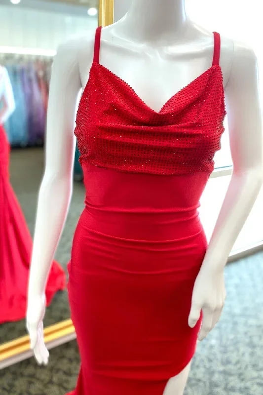 Red Satin Cowl Neck Beaded Lace-Up Mermaid Prom Dress with Slit